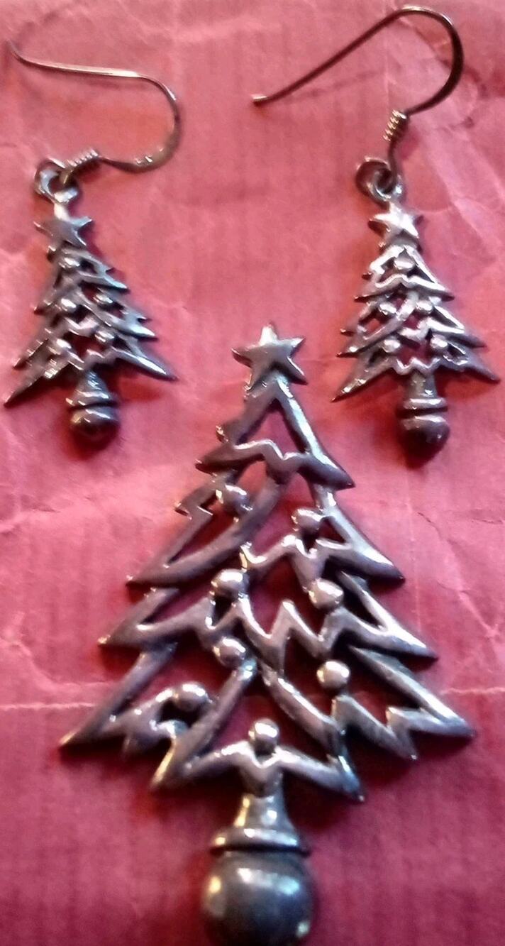 Vintage Sterling Silver Christmas Tree Earrings And Pendant 925 SE